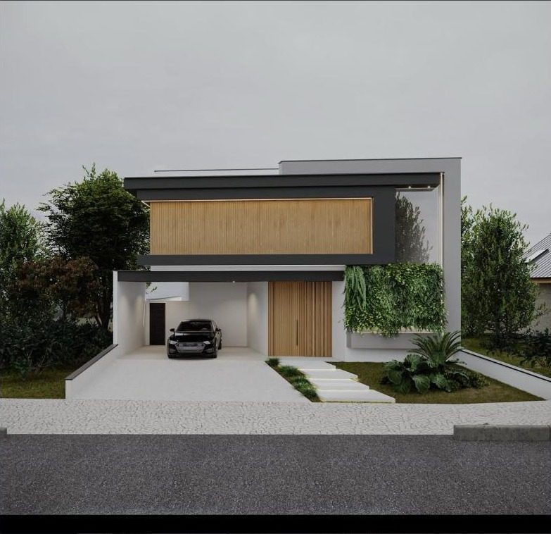 Fachada residencial assinada por Felipe Franco Arquitetura, vista frontal