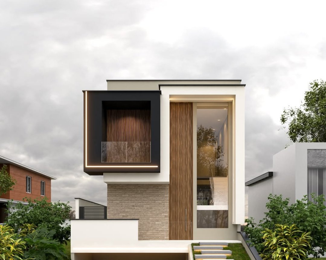Fachada residencial com volumes em preto e detalhe em ripado de madeira