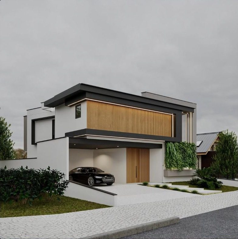 Fachada residencial contemporânea projetada por Felipe Franco Arquitetura, com ripado de madeira e volumes retos