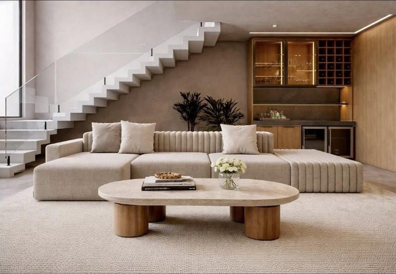 Living integrado com adega e bar planejados, Casa M|V